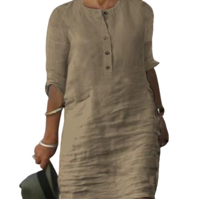 Akivide Womens Summer Cotton Linen Half Sleeve Midi Dress Casual Crew Neck Button Linen Knee Length Dress Loose Solid Dress
