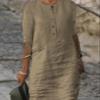 Akivide Womens Summer Cotton Linen Half Sleeve Midi Dress Casual Crew Neck Button Linen Knee Length Dress Loose Solid Dress view 2
