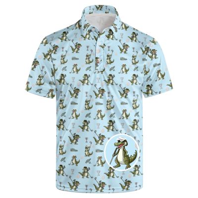 GDEVIG Mens Funny Polo Shirts, Cartoon Crocodile Blue Golf Shirts Short Sleeve, Moisture Wicking Quick-Dry Business Casual Shirt for Men