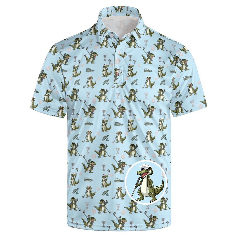 GDEVIG Mens Funny Polo Shirts, Cartoon Crocodile Blue Golf Shirts Short Sleeve, Moisture Wicking Quick-Dry Business Casual Shirt for Men