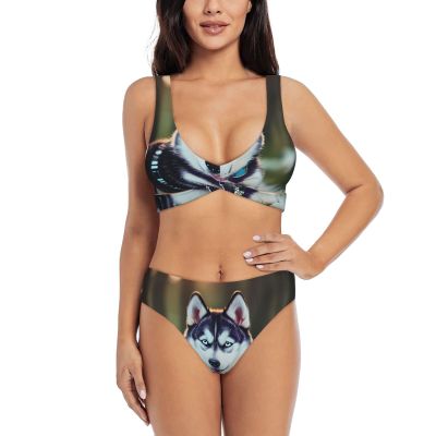 Husky Dog Print Women Swimsuit Bikini Set Push Up Cheeky Two Piece Bathing Suit Top Wide Straps Black