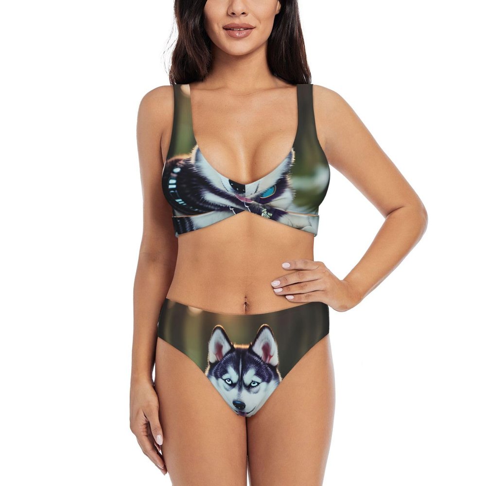 Husky Dog Print Women Swimsuit Bikini Set Push Up Cheeky Two Piece Bathing Suit Top Wide Straps Black