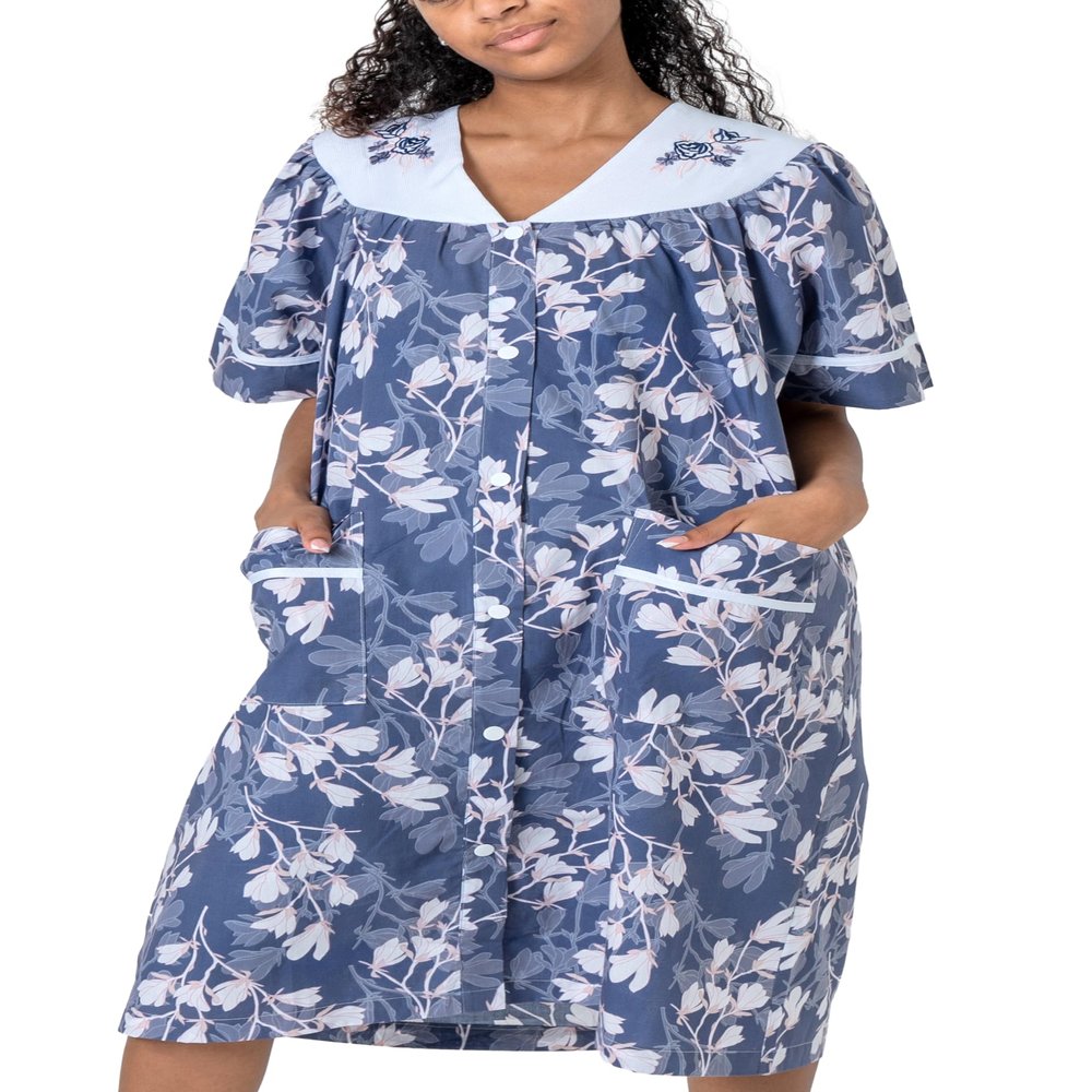 Women's Short Sleeve Woven Snap-Front Closure Floral Embroidery Housecoat Duster Lounge Nightgown Robe with Front Pockets, Navy Blue X-Large