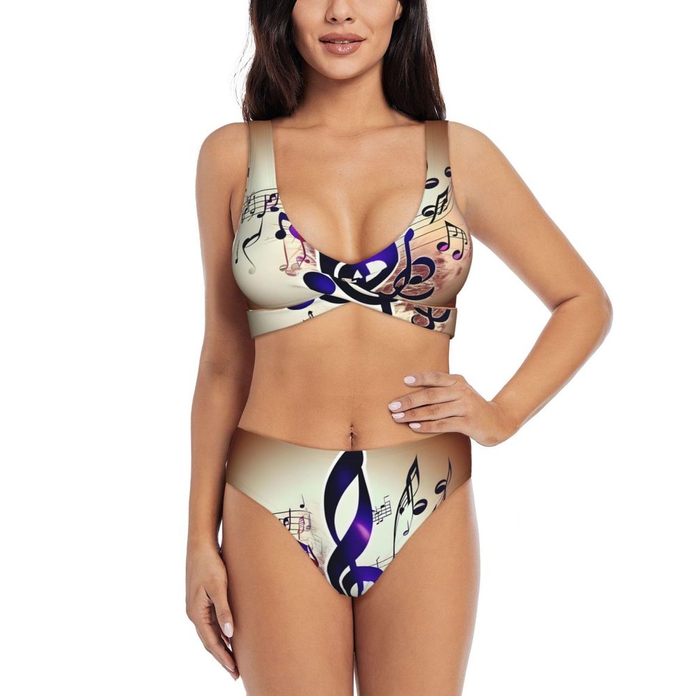 Purple Music Notes Print Women Swimsuit Bikini Set Push Up Cheeky Two Piece Bathing Suit Top Wide Straps