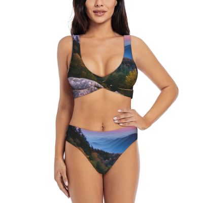 Canadian Smokey Mountain Cliff Print Women Swimsuit Bikini Set Push Up Cheeky Two Piece Bathing Suit Top Wide Straps Black