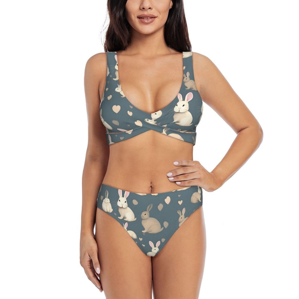 Rabbit Background Print Women Swimsuit Bikini Set Push Up Cheeky Two Piece Bathing Suit Top Wide Straps Black