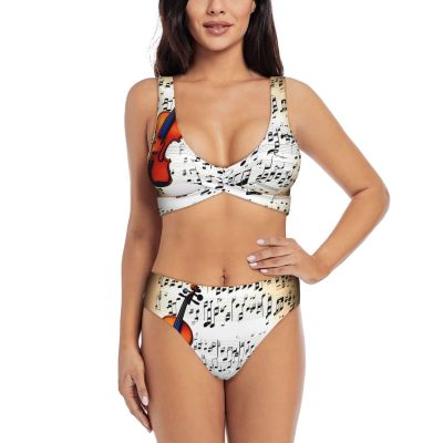 Violin Sheet Music Print Women Swimsuit Bikini Set Push Up Cheeky Two Piece Bathing Suit Top Wide Straps Black