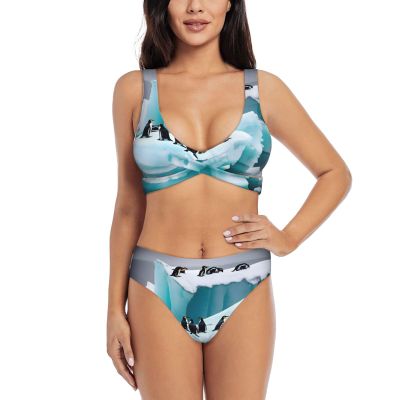 Penguins On The Iceberg Print Women Swimsuit Bikini Set Push Up Cheeky Two Piece Bathing Suit Top Wide Straps Black