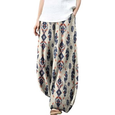 MARSVOVO Palazzo Pants for Women Dressy Casual Elastic Waist Wide Leg Harem Pants Ethnic Western Print Loose Lounge House Fall Pants Plus Size Modest Beige,S
