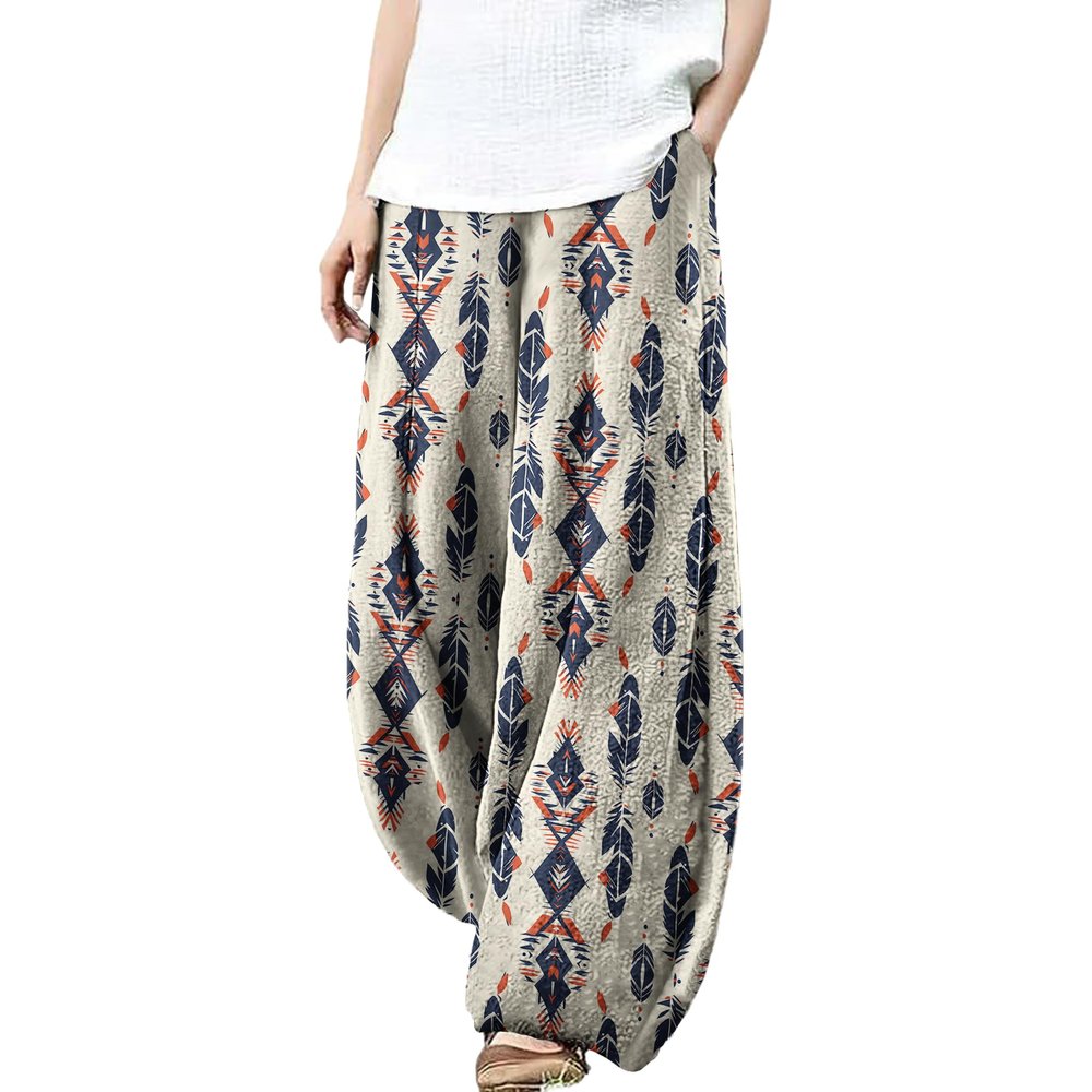 MARSVOVO Palazzo Pants for Women Dressy Casual Elastic Waist Wide Leg Harem Pants Ethnic Western Print Loose Lounge House Fall Pants Plus Size Modest Beige,S