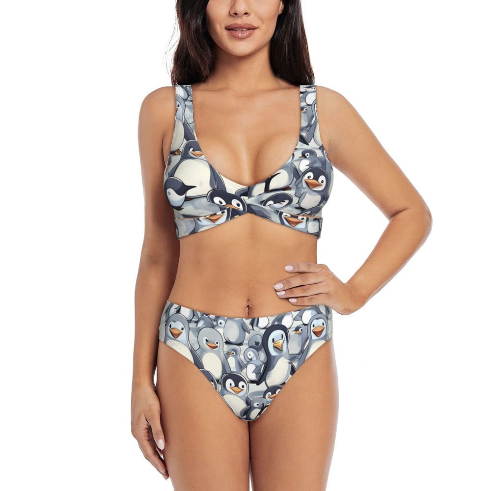 Cute Baby Penguins Sketch Print Women Swimsuit Bikini Set Push Up Cheeky Two Piece Bathing Suit Top Wide Straps Black