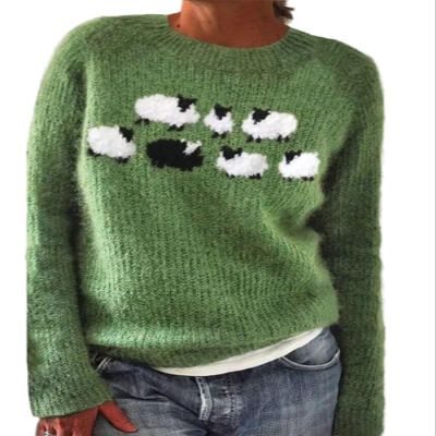 Zhyaj Women's Fair Isle Pullover Sweaters Vintage Sweaters Fall Winter Oversized Casual Striped Crewneck Long Sleeve Pullover Knitted Top Halloween Sweater, A Sheep Green, M