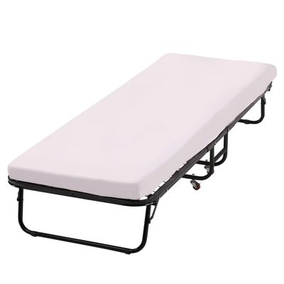 Dopinmin Folding Guest Bed with Wheels Portable Bed Extra Roll Away Foldable 3.9 Inch Comfort Foam Mattress Strong Sturdy Heavy Duty Frame for Home Restaurant, White