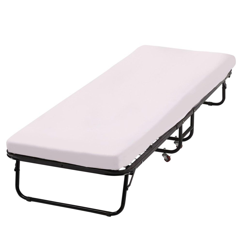 Dopinmin Folding Guest Bed with Wheels Portable Bed Extra Roll Away Foldable 3.9 Inch Comfort Foam Mattress Strong Sturdy Heavy Duty Frame for Home Restaurant, White