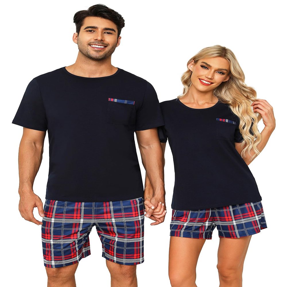 SPKPKEY Men Pajama Set Cotton Couples Matching Pajamas Short Sleeve Sleepwear 2 Piece Pjs Sets Loungewear Nightwear