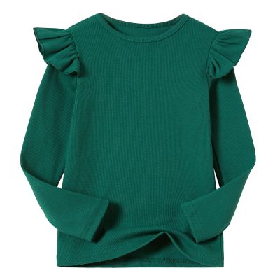Beganly Girls Long Sleeve T-Shirt Cotton Rib-Knit Tees Toddler Stretch Basic Warm Round Neck Tops with Ruffle Dark Green 100