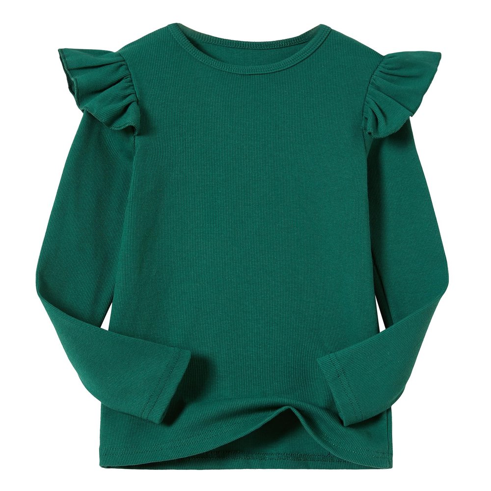 Beganly Girls Long Sleeve T-Shirt Cotton Rib-Knit Tees Toddler Stretch Basic Warm Round Neck Tops with Ruffle Dark Green 100
