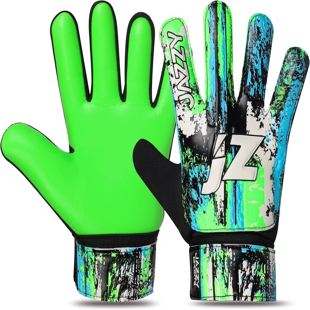 Jazzy Sports Soccer Goalie Gloves for Kids, Youth Goalkeeper Gloves Anti Slip 4mm Latex Palm with Strong Grip Double Wrist Protection (Green-Black, Size 3 Suitable for 5-6 Years)