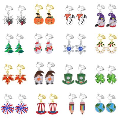 16 Pairs Hypoallergenic Holiday Clip on Dangle Earrings for Women Halloween Christmas Earrings for Girls Fall Thanksgiving Earring Teacher St. Patrick's Day 4th of July Earrings (orange)