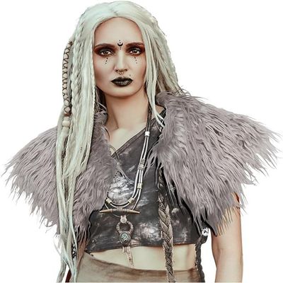 Halloween Viking Costume Women Fur Collar Medieval Warrior Faux Fur Shawl Shoulder Wrap Barbarian Outfit Cosplay Accessory