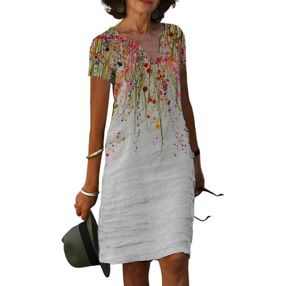 Akivide Women's Summer Boho Linen Floral Print Midi Dress V Neck Short Sleeve Classic Beach Tshirt Dresses for Women 2024