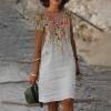 Akivide Women's Summer Boho Linen Floral Print Midi Dress V Neck Short Sleeve Classic Beach Tshirt Dresses for Women 2024 view 2