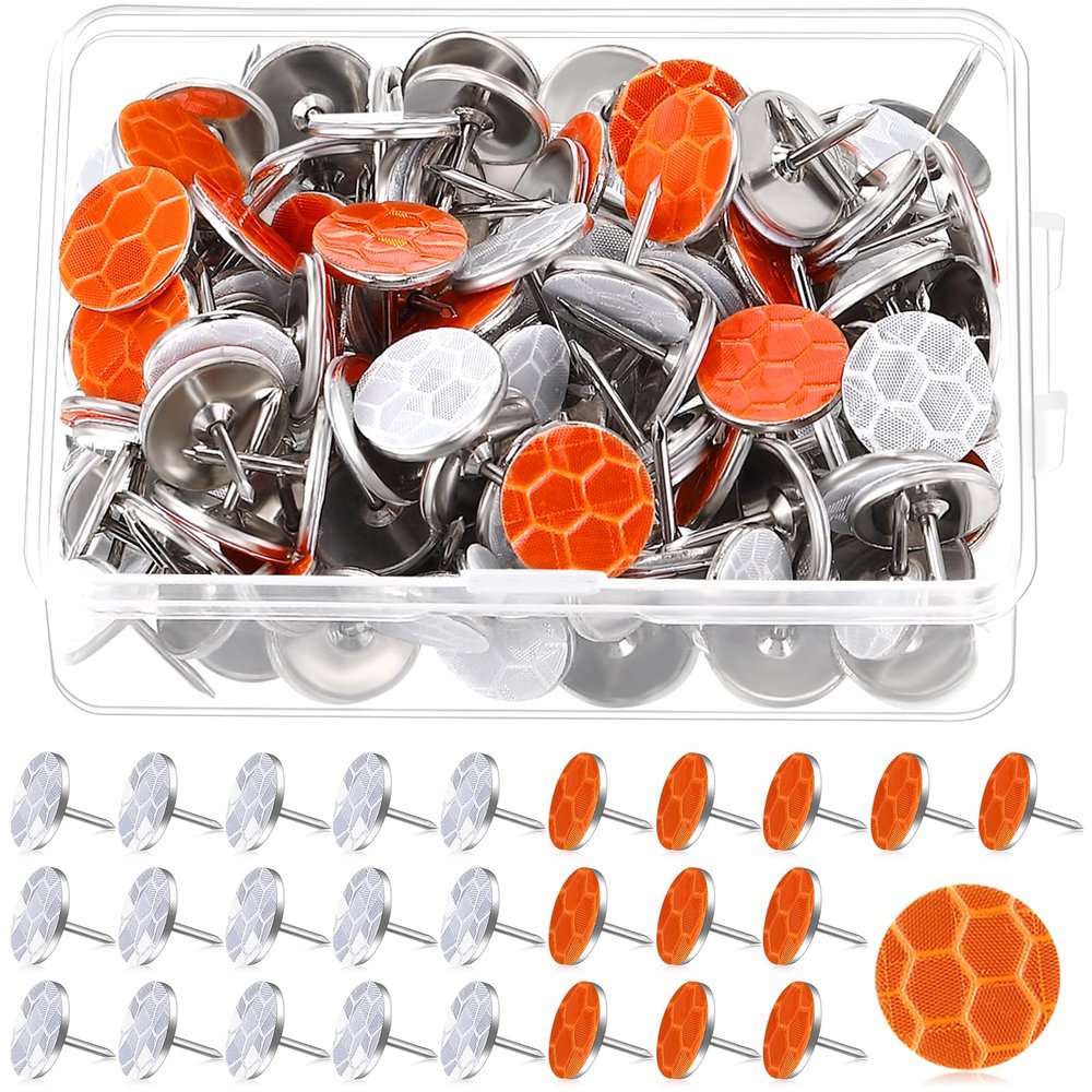 Fullhawl 100 Reflective Tacks Trail Marking Tacks Glow Reflective Mark Trail Markers Thumb Nails for Hunting Hiking Camping Tree Stand (Sliver Orange)