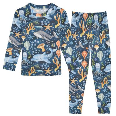 ALAZA Watercolor Sea Whale Dolphin Jellyfish 2 Piece Pajama Set Long Sleeve Top and Pants Sleepwear Unisex 6Y Multicolor