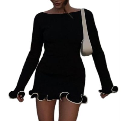 Adoeren Women Long Sleeve Bodycon Mini Sweater Dress Elegant Ruffle Trim Knitted Dress Cocktail Party Boat Neck Short Dress(Black,L)