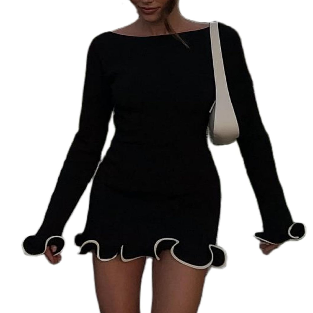 Adoeren Women Long Sleeve Bodycon Mini Sweater Dress Elegant Ruffle Trim Knitted Dress Cocktail Party Boat Neck Short Dress(Black,L)