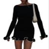 Adoeren Women Long Sleeve Bodycon Mini Sweater Dress Elegant Ruffle Trim Knitted Dress Cocktail Party Boat Neck Short Dress(Black,L) view 1