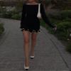 Adoeren Women Long Sleeve Bodycon Mini Sweater Dress Elegant Ruffle Trim Knitted Dress Cocktail Party Boat Neck Short Dress(Black,L) view 2