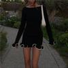 Adoeren Women Long Sleeve Bodycon Mini Sweater Dress Elegant Ruffle Trim Knitted Dress Cocktail Party Boat Neck Short Dress(Black,L) view 4