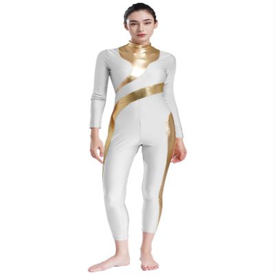 FEESHOW Women's Metallic Shiny Patchwork Gymnastics Unitard One Piece Dance Bodysuit Skating Jumpsuit White XX-Large