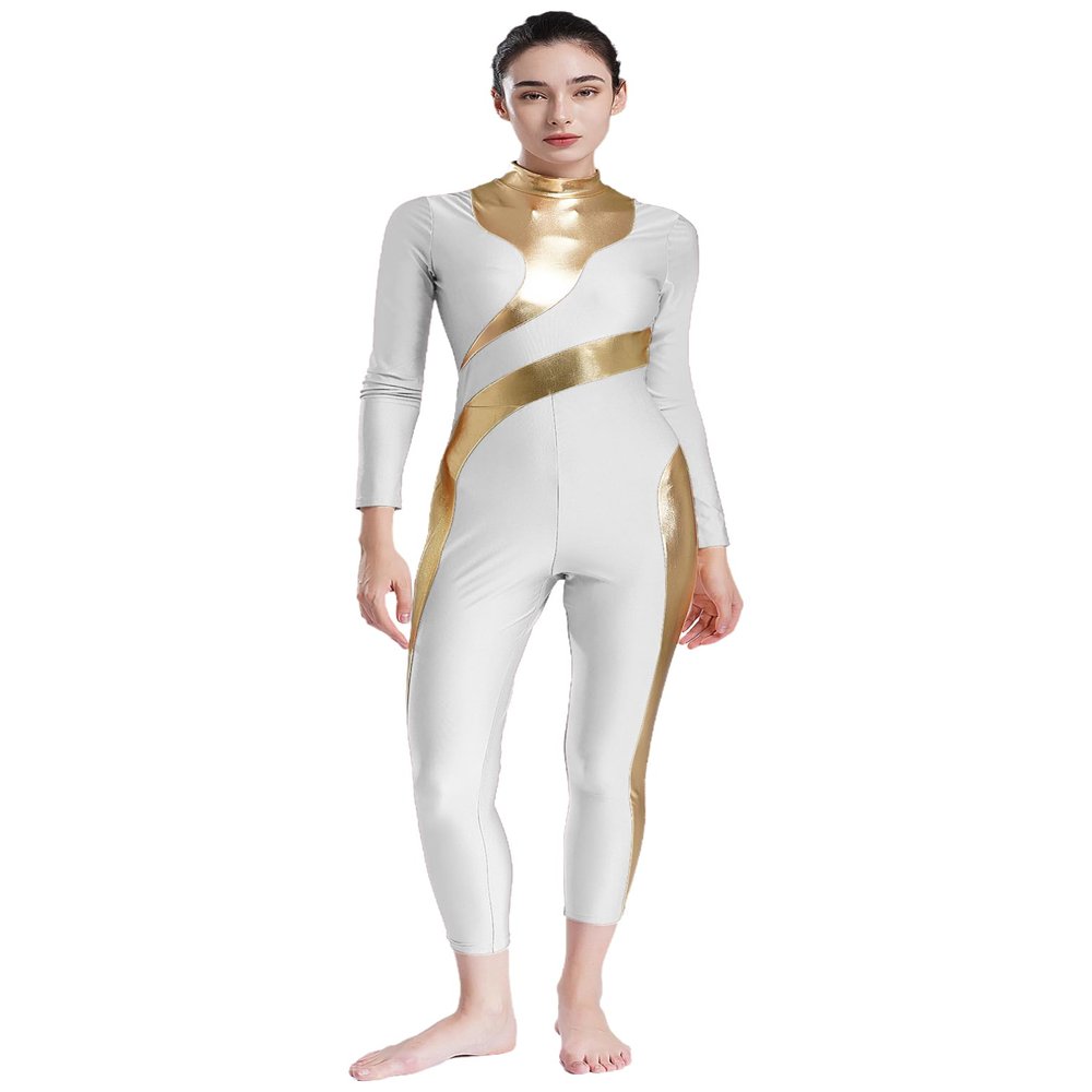 FEESHOW Women's Metallic Shiny Patchwork Gymnastics Unitard One Piece Dance Bodysuit Skating Jumpsuit White XX-Large