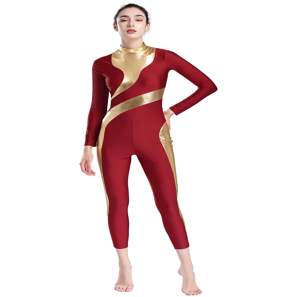 FEESHOW Women's Metallic Shiny Patchwork Gymnastics Unitard One Piece Dance Bodysuit Skating Jumpsuit Burgundy Large