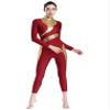 FEESHOW Women's Metallic Shiny Patchwork Gymnastics Unitard One Piece Dance Bodysuit Skating Jumpsuit Burgundy Large view 2