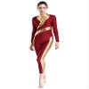 FEESHOW Women's Metallic Shiny Patchwork Gymnastics Unitard One Piece Dance Bodysuit Skating Jumpsuit Burgundy Large view 4