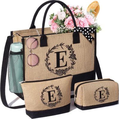 Personalized Gifts for Women Tote Bag, Initial Jute Tote Bag & Makeup Bags Monogrammed Beach Bag w/ Zipper, Birthday Valentines Day Gifts for Women Her Friends Mom Daughter Sister Girlfriend Teacher