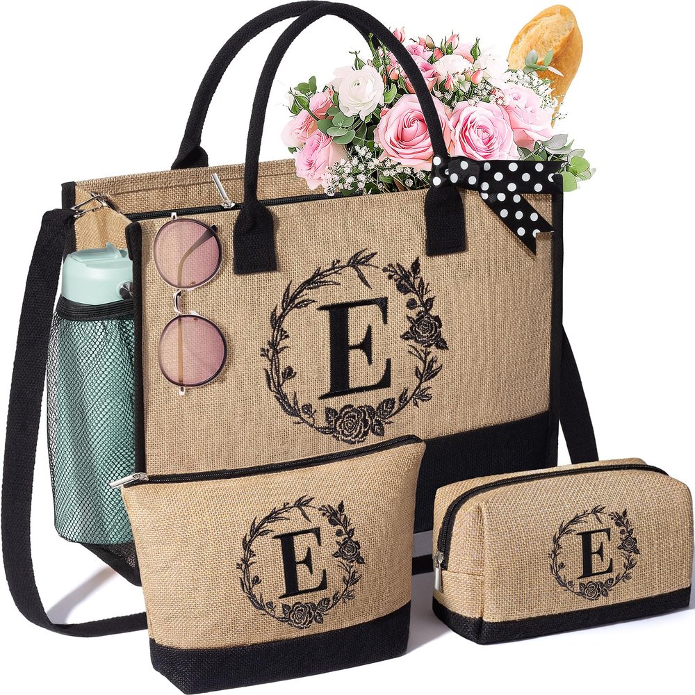 Personalized Gifts for Women Tote Bag, Initial Jute Tote Bag & Makeup Bags Monogrammed Beach Bag w/ Zipper, Birthday Valentines Day Gifts for Women Her Friends Mom Daughter Sister Girlfriend Teacher