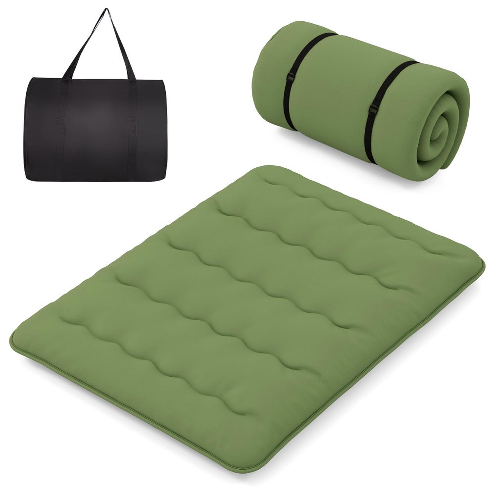 Byroce Futon Mattress, Roll-up Sleeping Cot w/Washable Cover, Portable Cotton Pad w/Bag for Camping, 4" Thick Tatami Mat, Japanese Floor Mattress for School, Home, Car(Green,Queen)