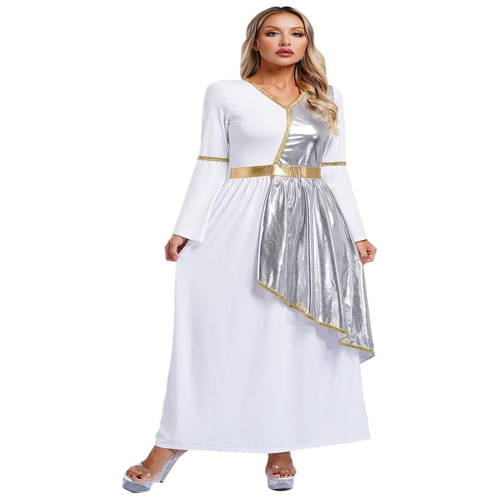 Hularka Women's Ancient Greek Costume Toga Dress Robe Roman Princess Queen Praise Dance Dress Overlay Silver Small