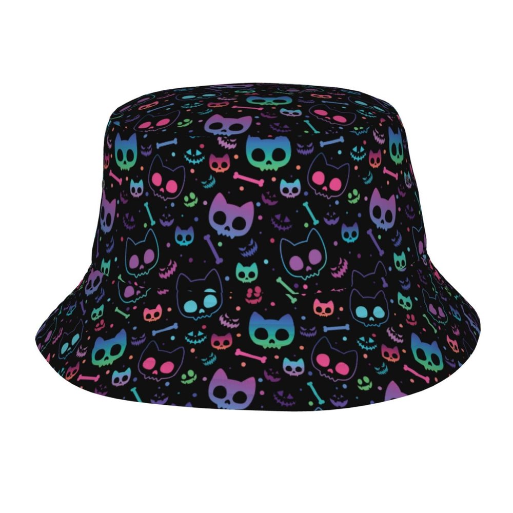 Cat Skull Bones Bucket Hats for Women Men Funny Halloween Hat Sun Cap Packable Outdoor Fisherman Hat