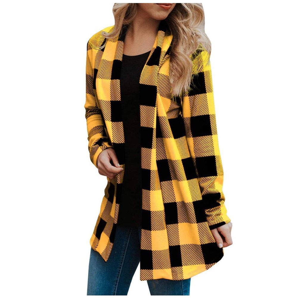 Long Flannel Jacket Women,Prime Today's Deals,Womens Flannel Cardigan Buffalo Plaid Jacket Trendy Casual Loose Long Sleeve Kimono Fashion Fall Outfits with Pockets,2-Yellow,Xx-Large