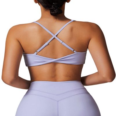ABOCIW Sports Bras for Women Twist Back Low Impact Fitness Yoga Bra V Neck Wireless Gym Workout Bra Padded Crop Top Light Purple Small