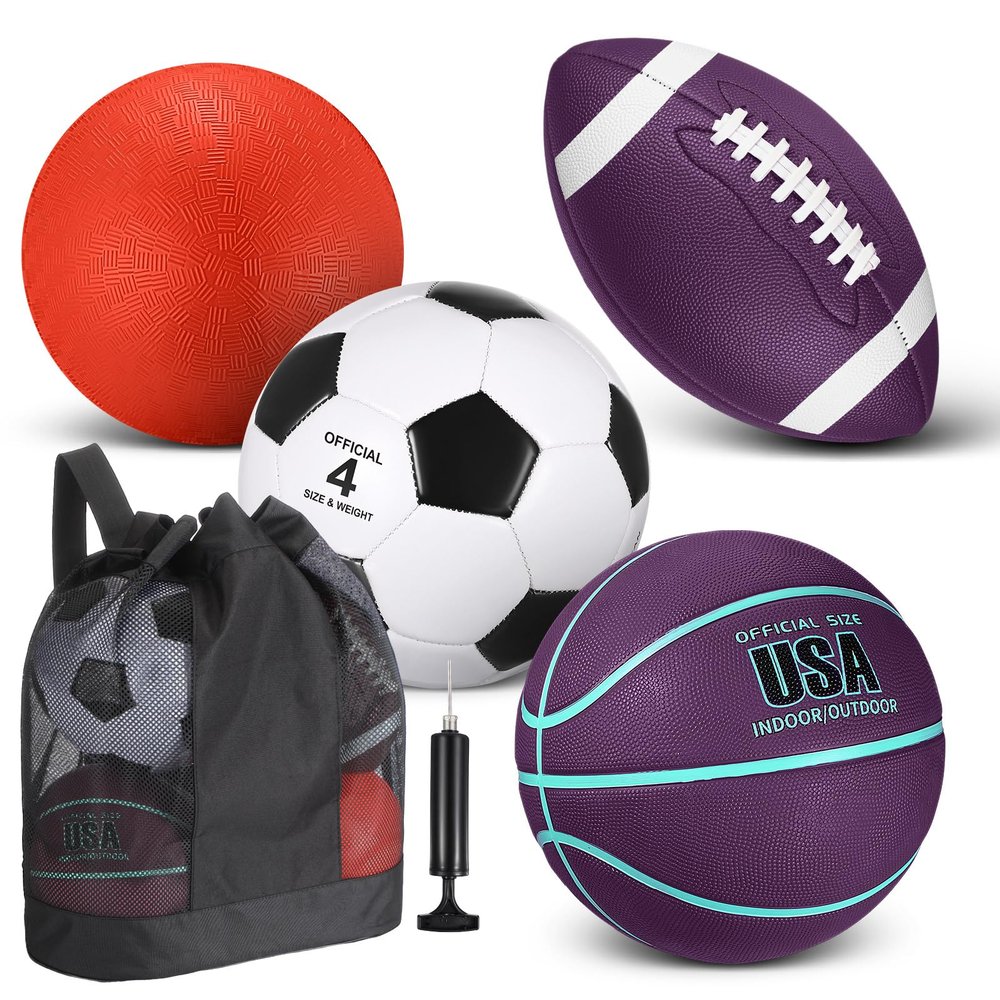 Deekin 4 Pcs Sport Balls Set for Kids Teens, Include Official Size Basketball Soccer Football Playground Ball and Pump Sports Equipment Bag Sports Gift Back to School(Purple, Teal)