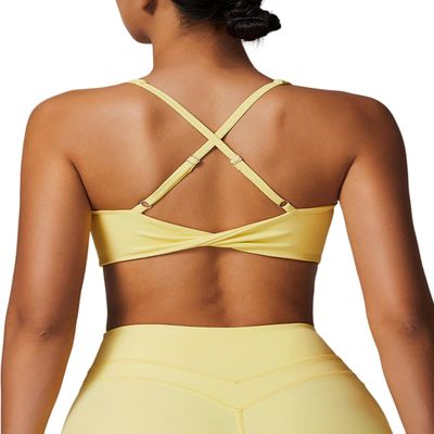 ABOCIW Womens Twist Back Sports Bra- Padded V Neck Low Impact Spaghetti Strap Workout Yoga Bra Yellow Medium