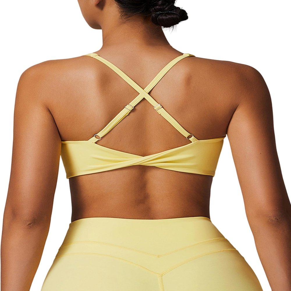 ABOCIW Womens Twist Back Sports Bra- Padded V Neck Low Impact Spaghetti Strap Workout Yoga Bra Yellow Medium