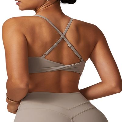 ABOCIW Sports Bras for Women Twist Back Low Impact Fitness Yoga Bra V Neck Wireless Gym Workout Bra Padded Crop Top Sand Medium