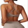 ABOCIW Sports Bras for Women Twist Back Low Impact Fitness Yoga Bra V Neck Wireless Gym Workout Bra Padded Crop Top Sand Medium view 1